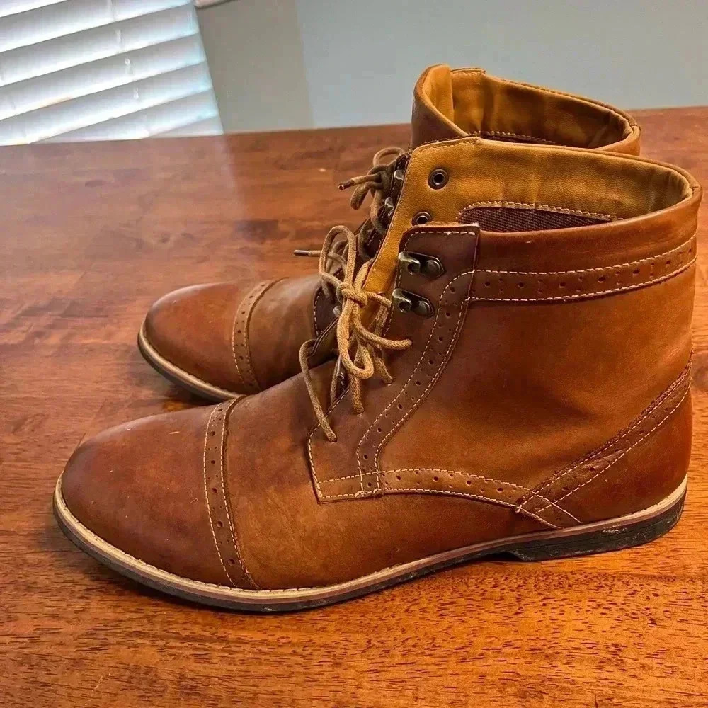 Kunsto Men’s Leather classic Brogue Lace Up Boots Cap Toe size 12 - Picture 5 of 9